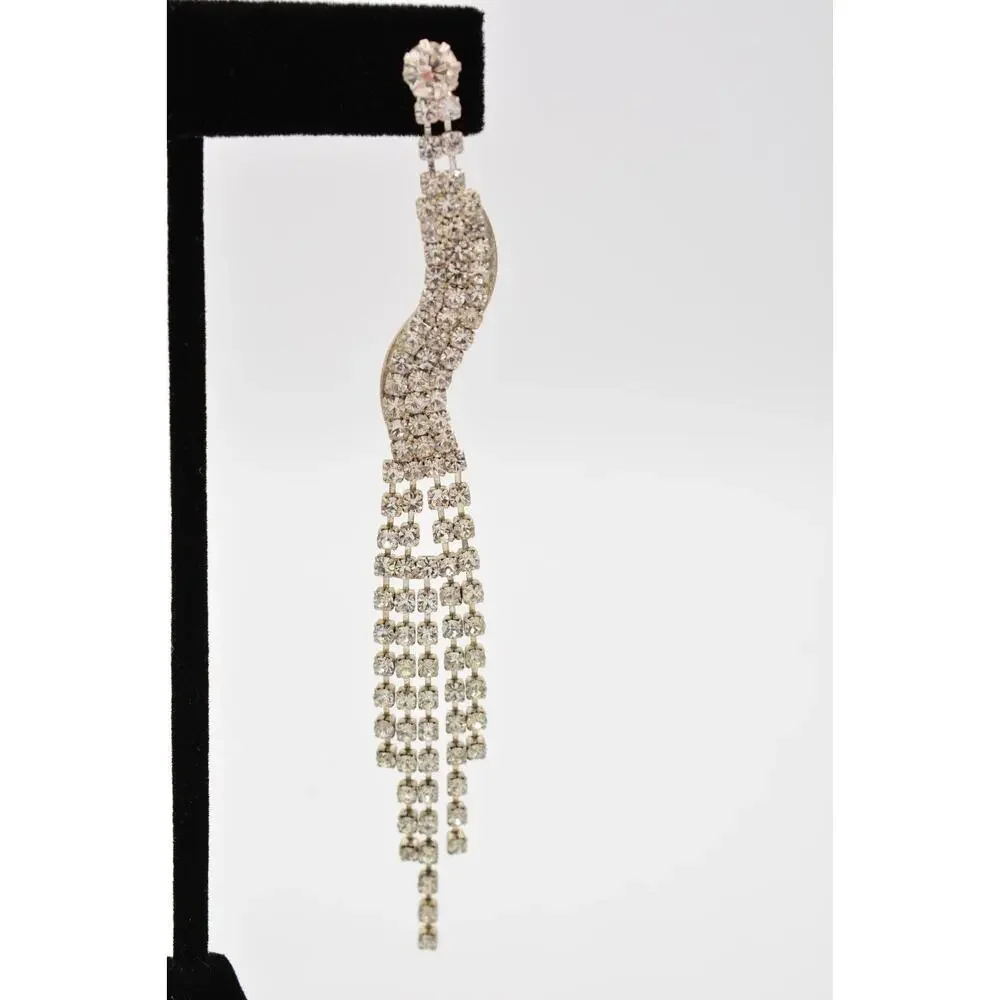 Vintage Dangle Earrings Rhinestone Crystal Fringe Chain Prong Silver 1980s 9L